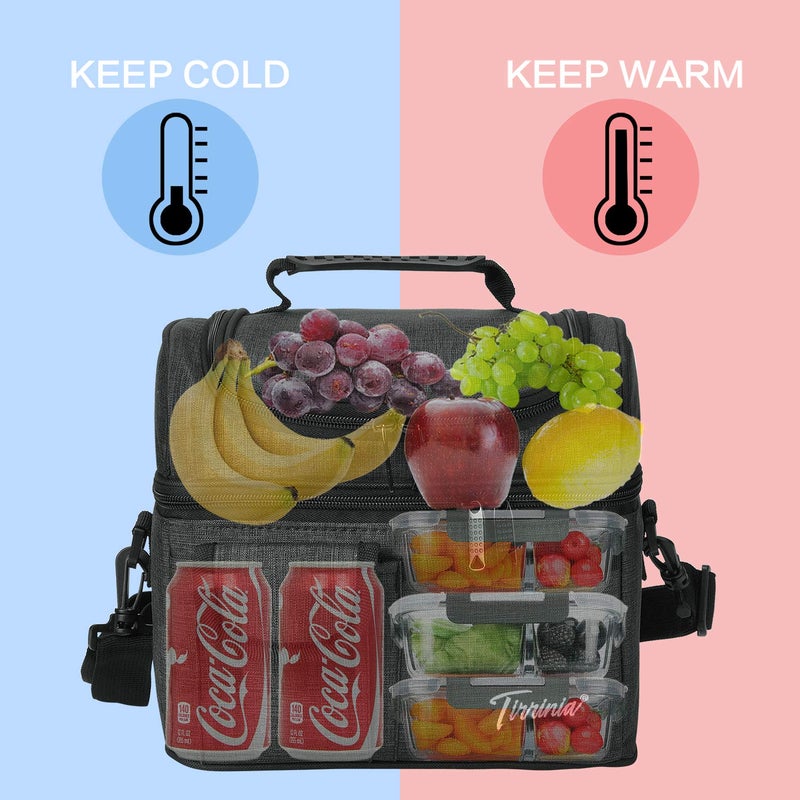 Tirrinia Insulated Lunch Bag  Leakproof Thermal Bento Cooler Tote for Women and Men  Dual Compartment with Shoulder Strap  10.3"" x 7.5"" x 8.6""  Black - Image 2